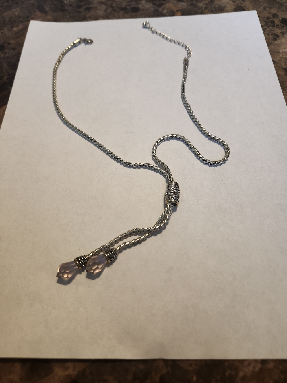 Silver-tone Lariat Necklace with Light Pink Crystal Drops